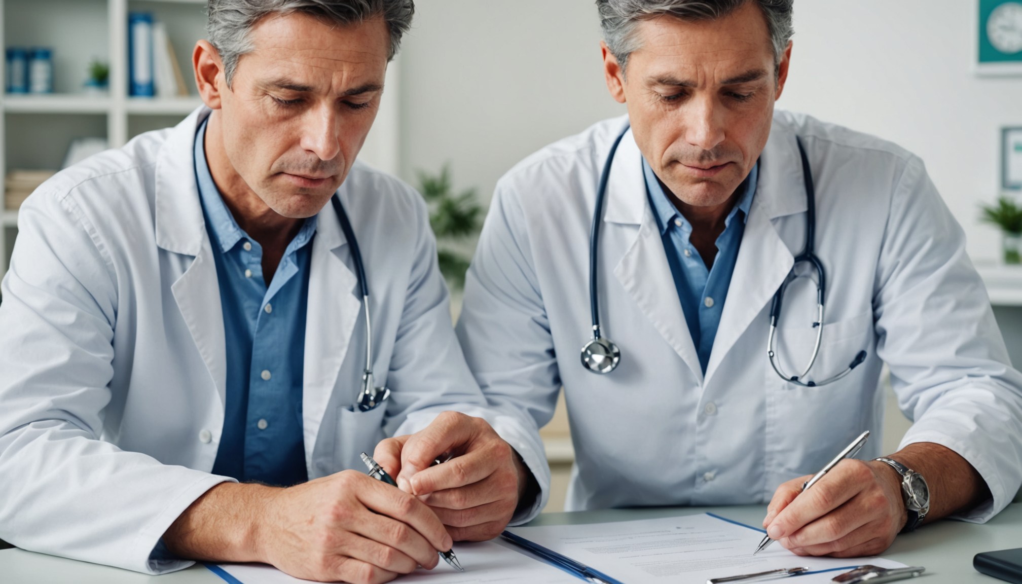 Doctor consulting a male patient about erectile dysfunction treatment options in a clinical setting